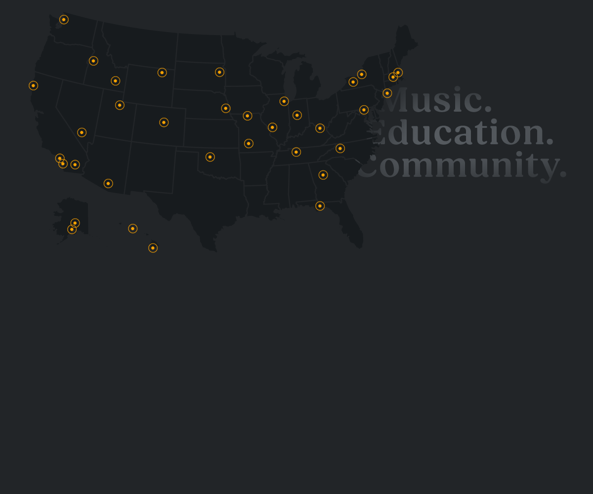 Map of the United States showing locations of Teaching Guitar Workshops nationwide
