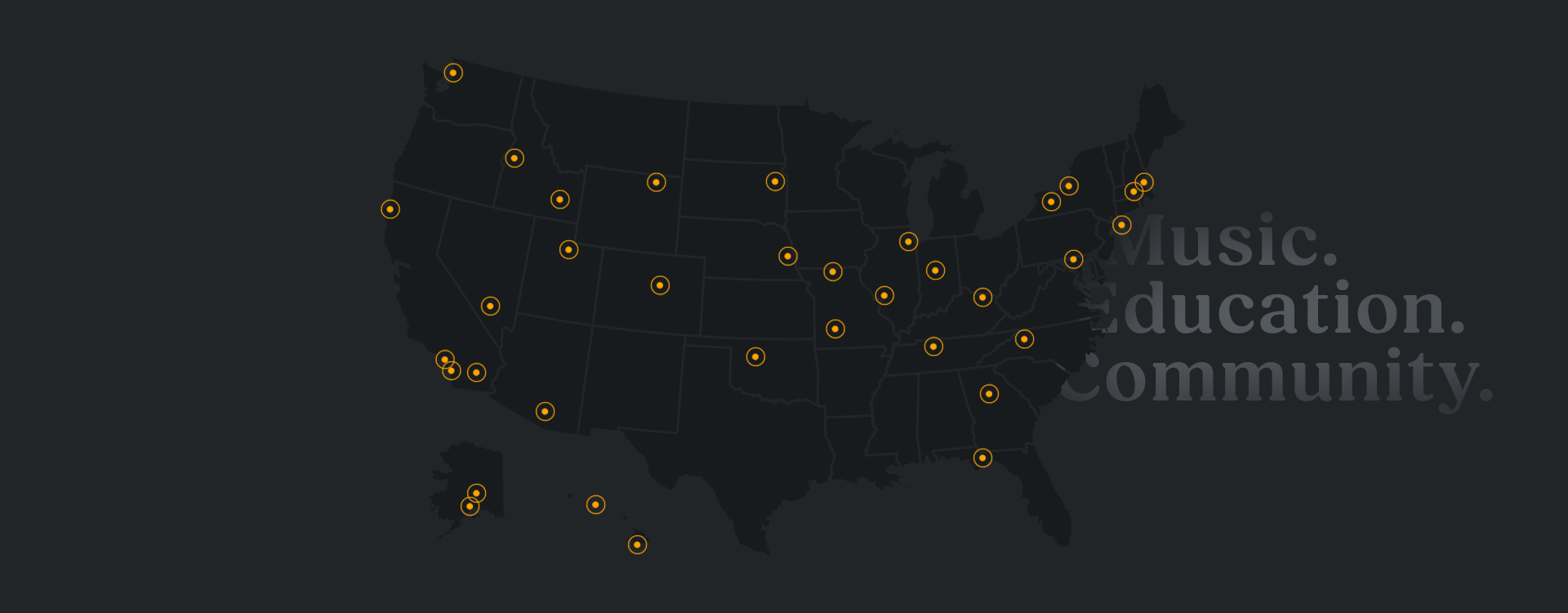 Map of the United States showing locations of Teaching Guitar Workshops nationwide