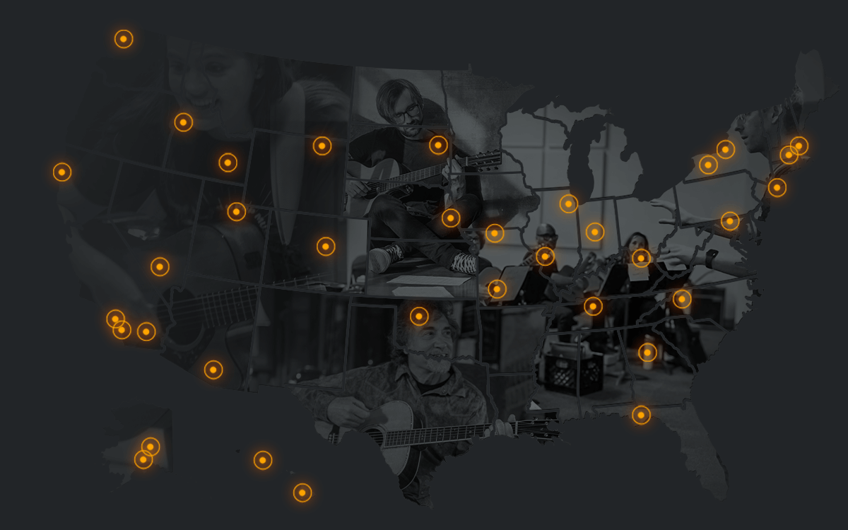 Map of the United States with guitar workshop photos overlaid and location markers showing program sites nationwide