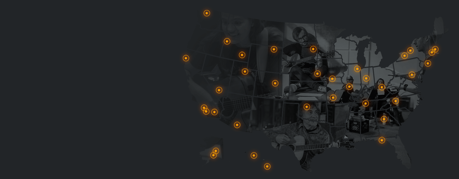 Map of the United States with guitar workshop photos overlaid and location markers showing program sites nationwide